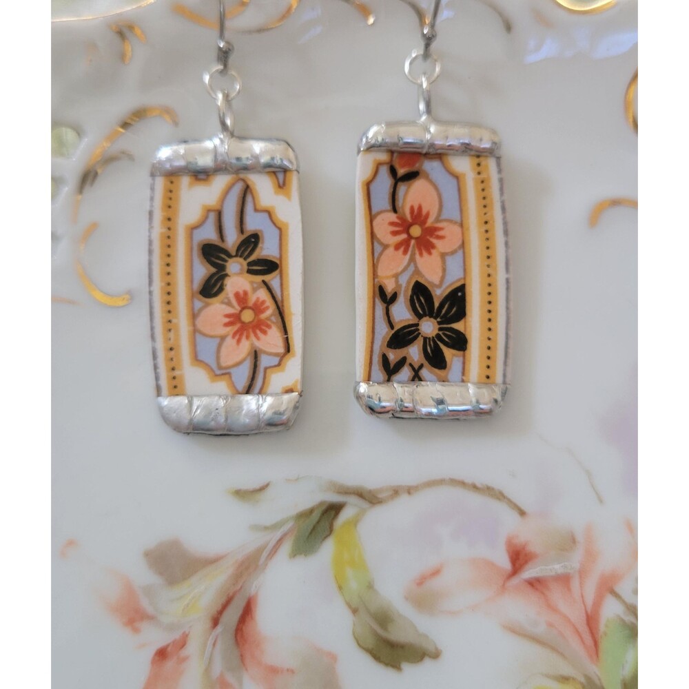 Vintage Peachy Orange Flower Broken China Earrings, Hand-Soldered